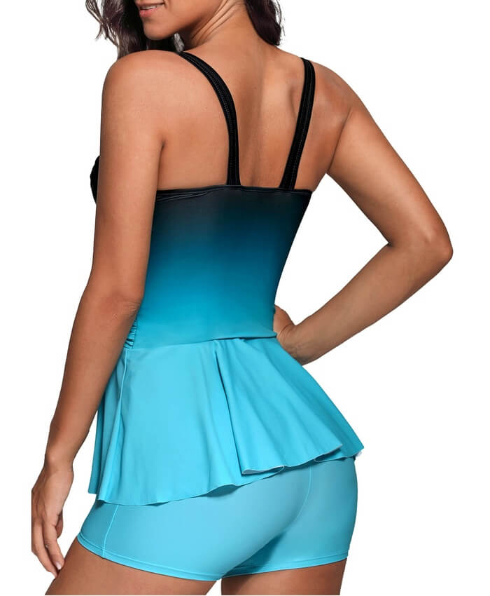 Open Back Gradient Print Peplum Waist Tankini Set